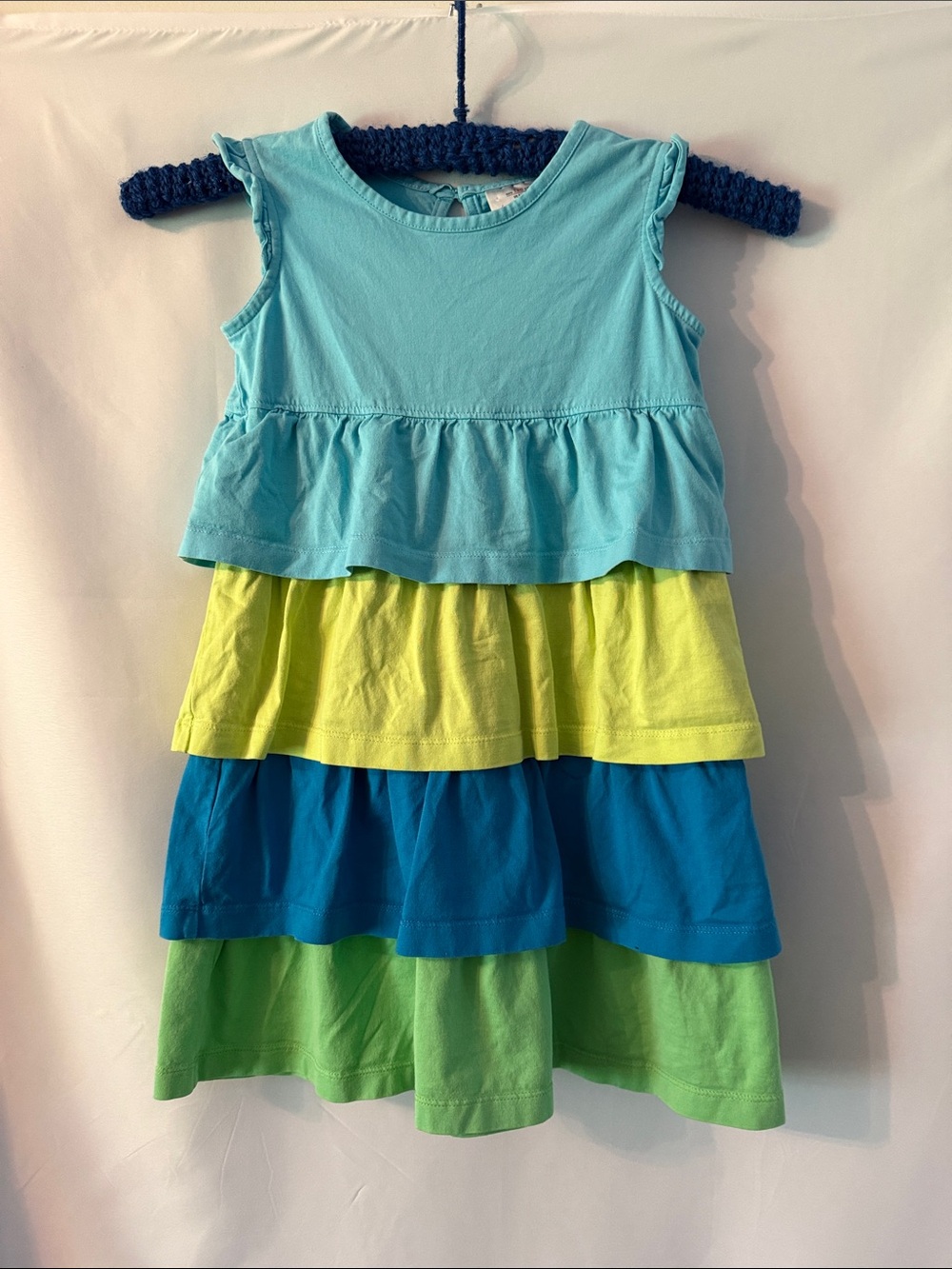 Hanna Andersson Tiered Ruffle Dress in Aqua, Yellow, Teal & Lime 120 CM 6X/7